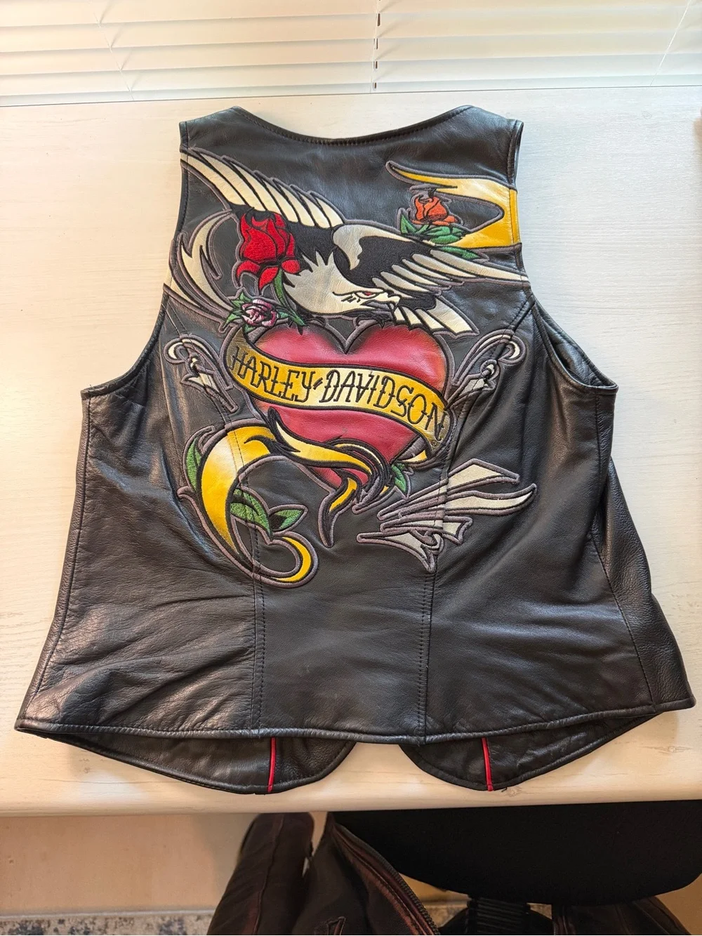 Harley-Davidson Black Leather Vest with Red Embroidery - Picture 2 of 8